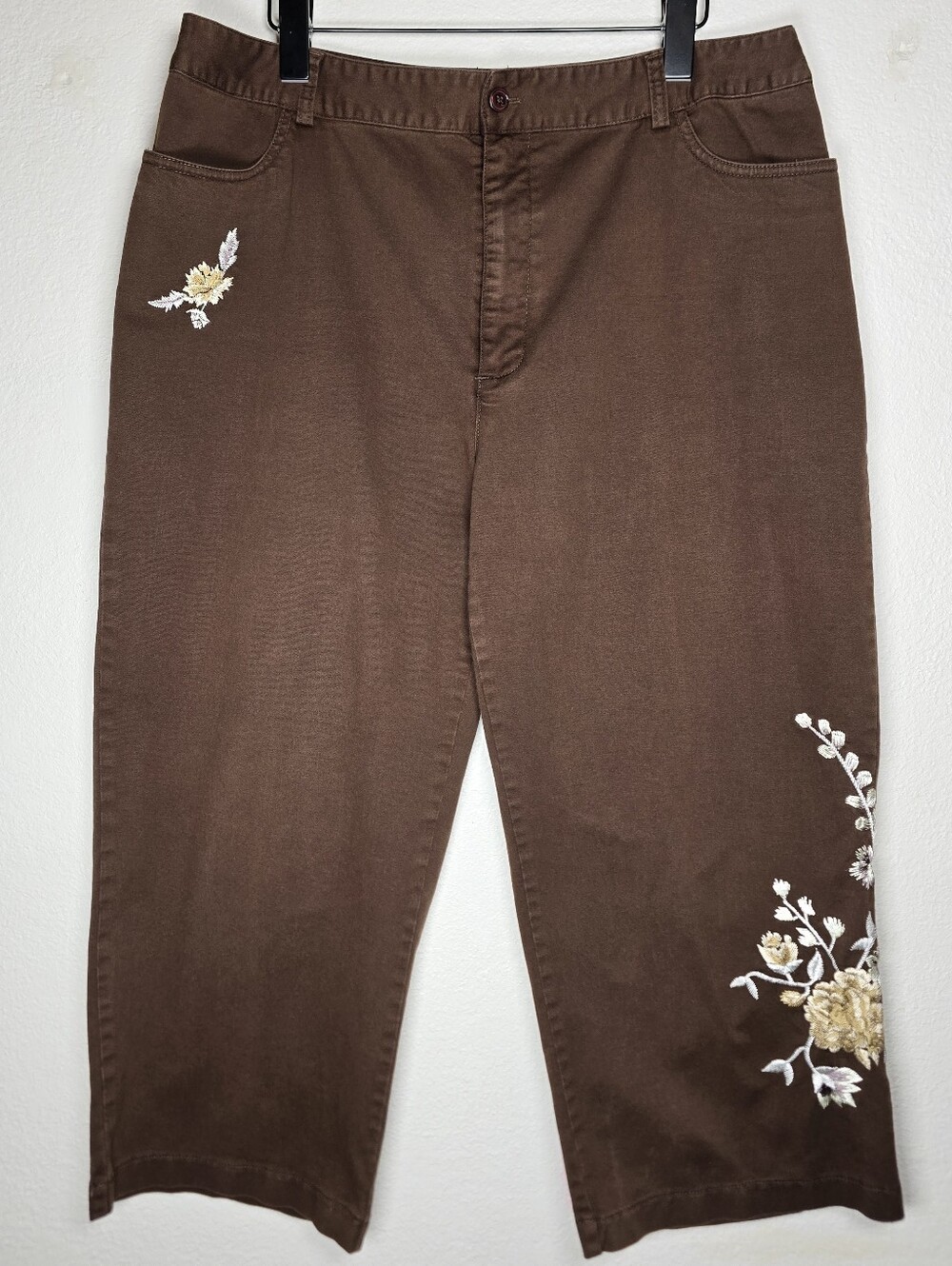 Hannah Stretch Brown Floral Embroidered Crop Capri Pants Size 14 Boho Y2K